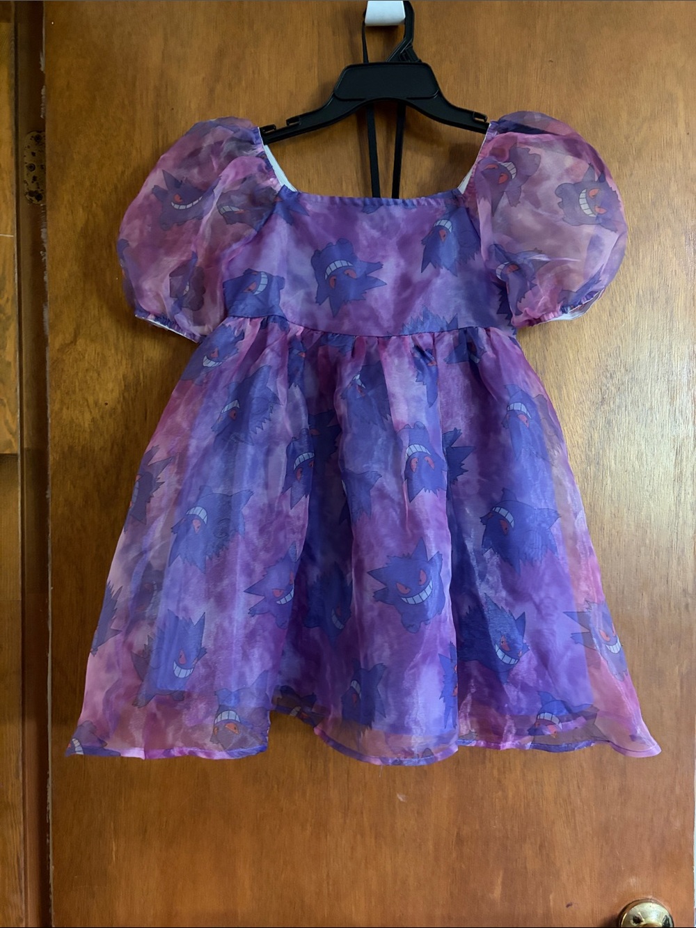 Purple Gengar Print Puff-Sleeve Dress